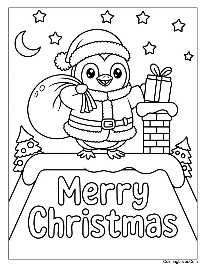 Santa penguin on chimney “Merry Christmas” coloring page