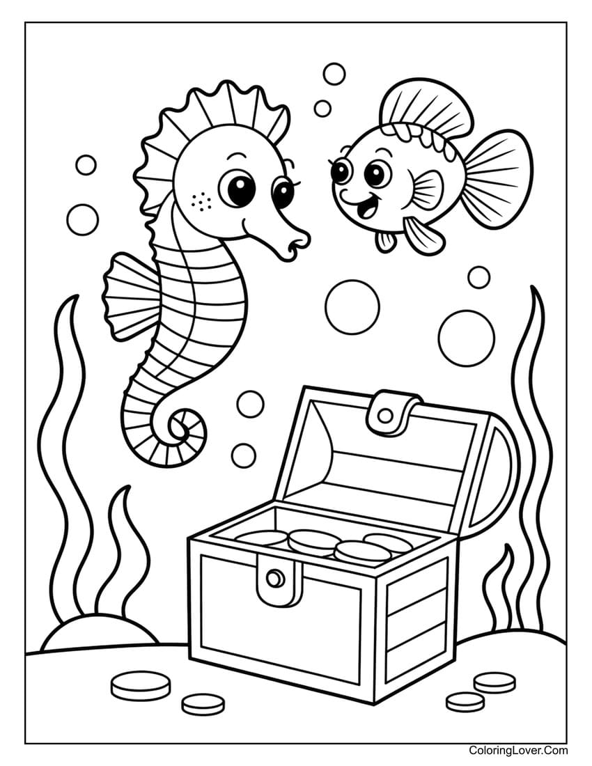 Seahorse and fish near treasure chest underwater coloring page