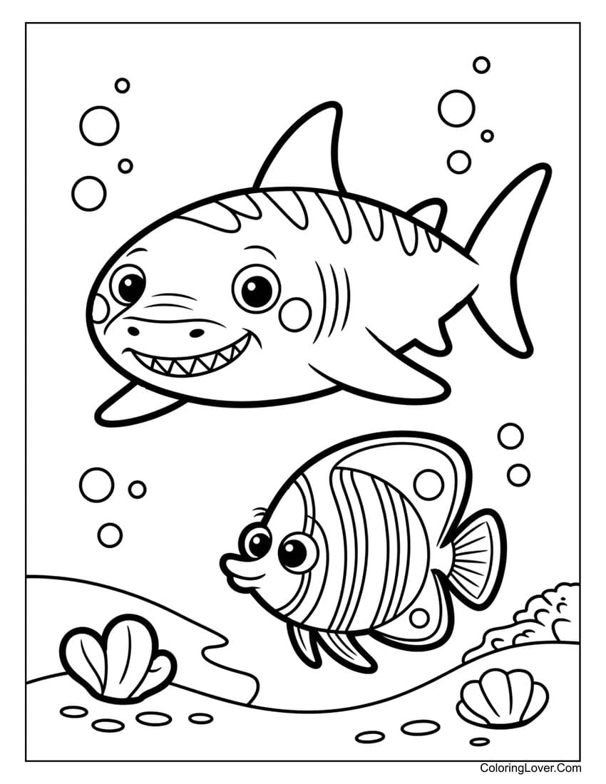 Shark and angelfish swimming through reef scene coloring page