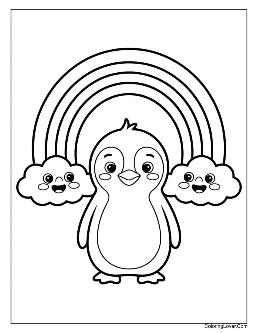 Simple penguin and rainbow coloring page for preschool