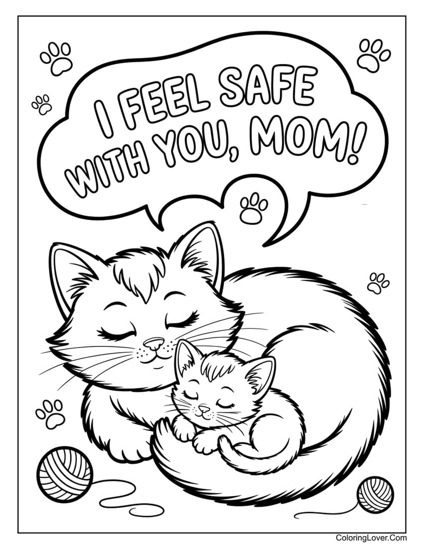 Sleeping cats with “I feel safe with you mom” coloring page