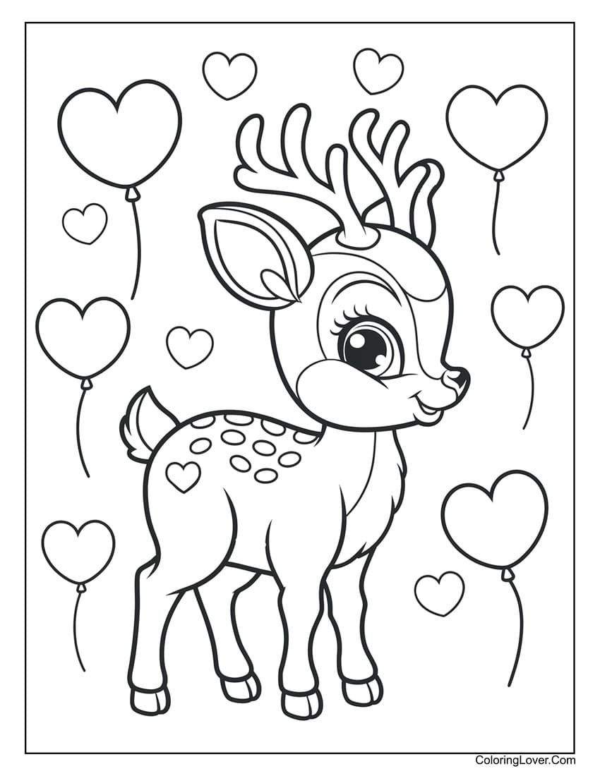 Smiling deer with heart balloons preschool coloring page