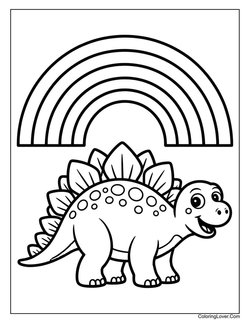 Smiling dinosaur and rainbow easy coloring sheet
