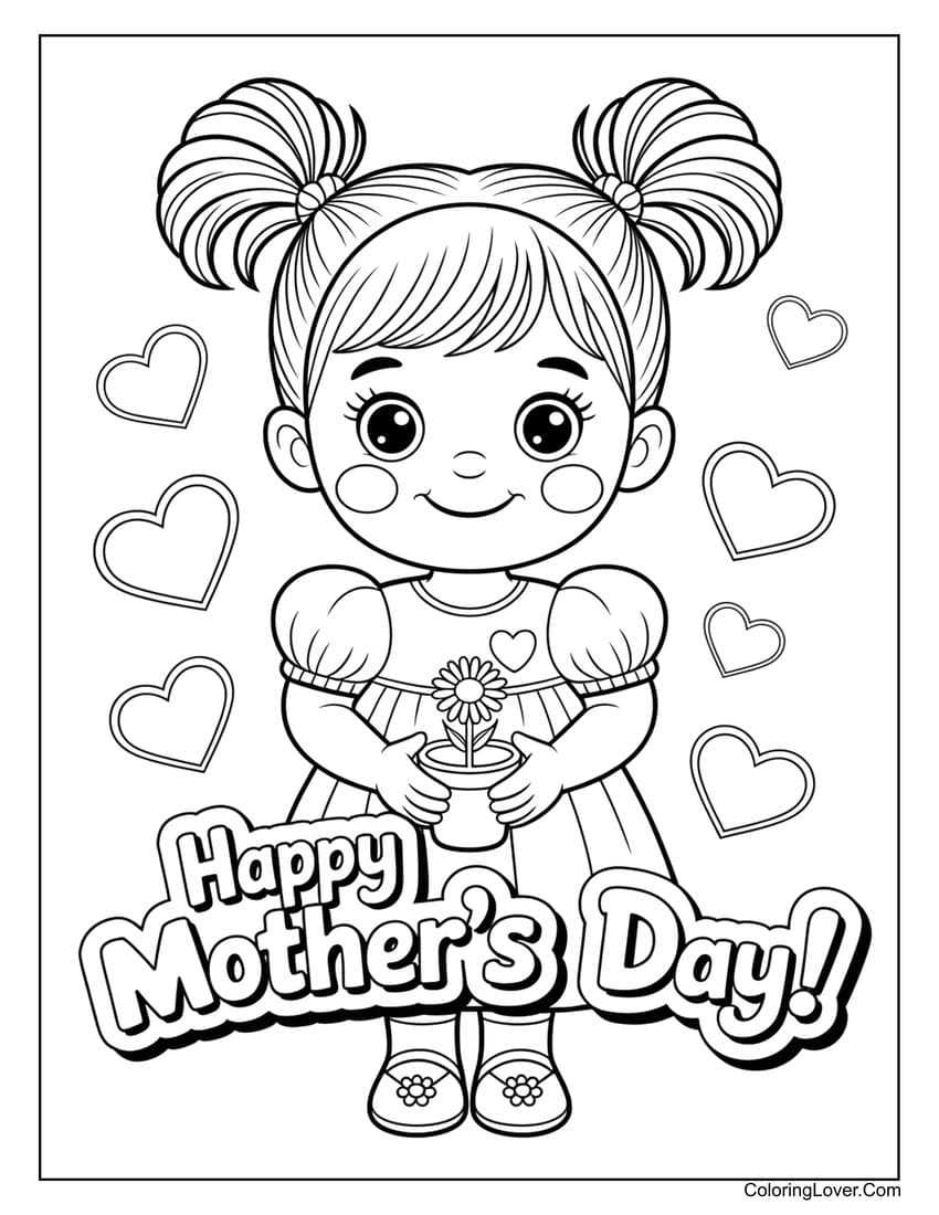 Smiling girl holding flower pot for Mother’s Day coloring page