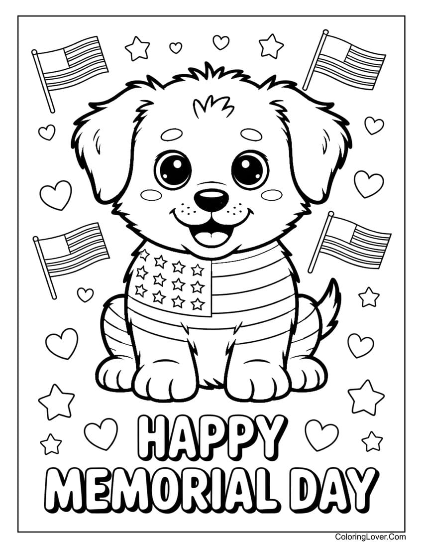 Smiling puppy with patriotic shirt for Memorial Day coloring page