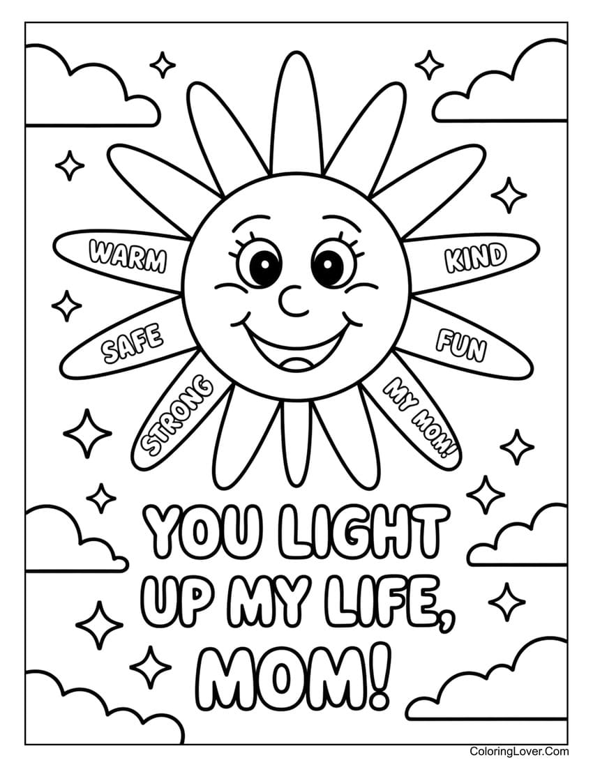 Smiling sun with words for Mother’s Day coloring page