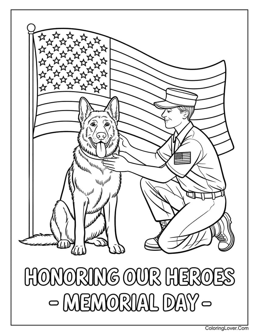 Soldier and K9 posing for Memorial Day coloring page