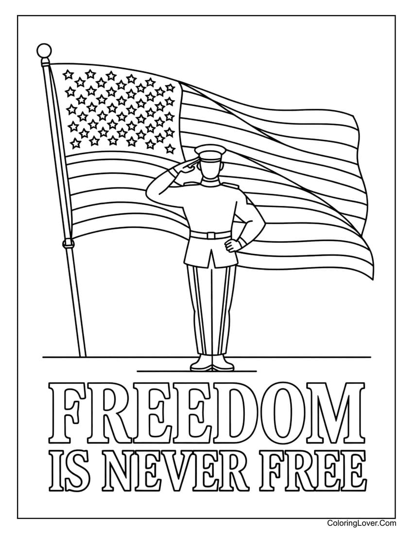 Soldier saluting the flag on Memorial Day coloring page