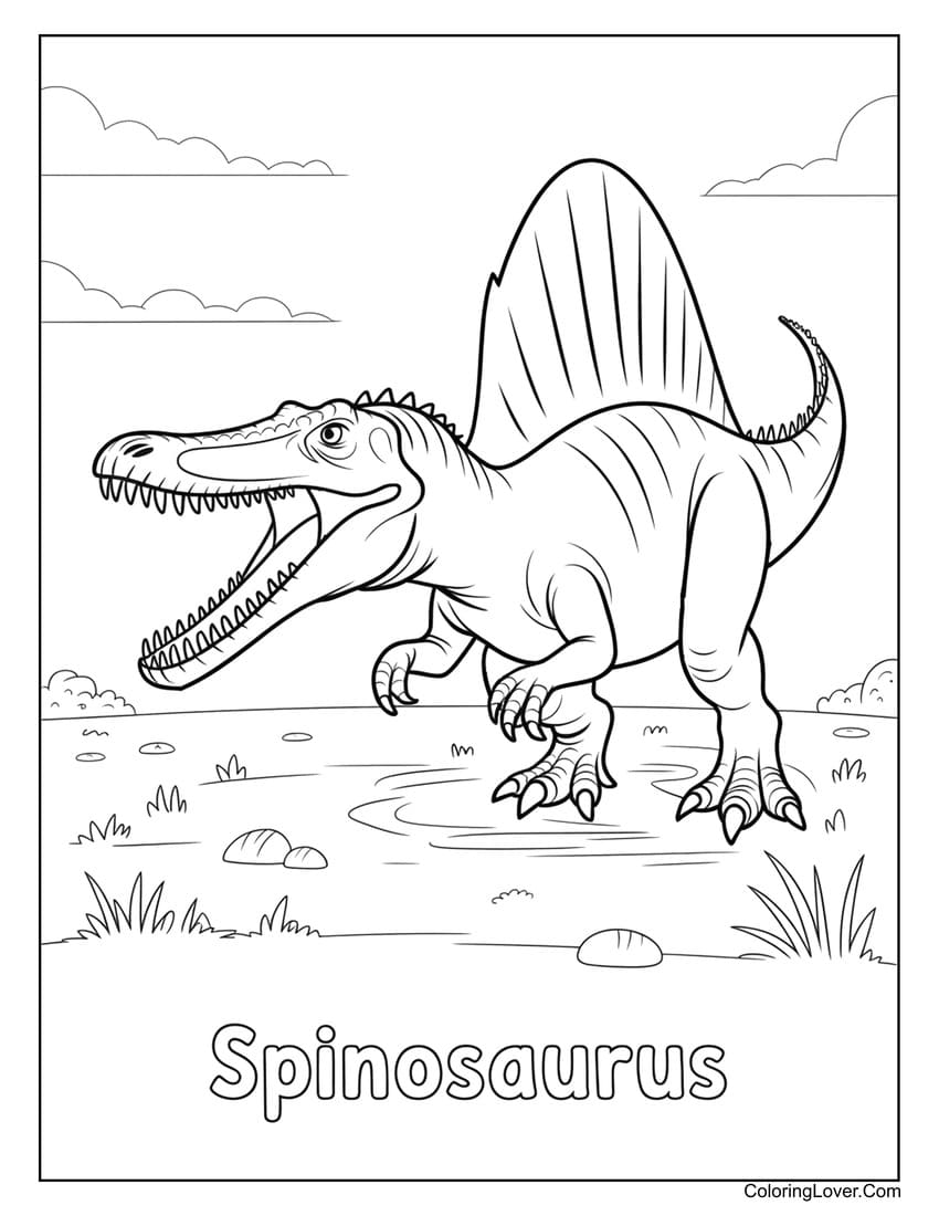Spinosaurus walking fiercely through swampy area coloring page