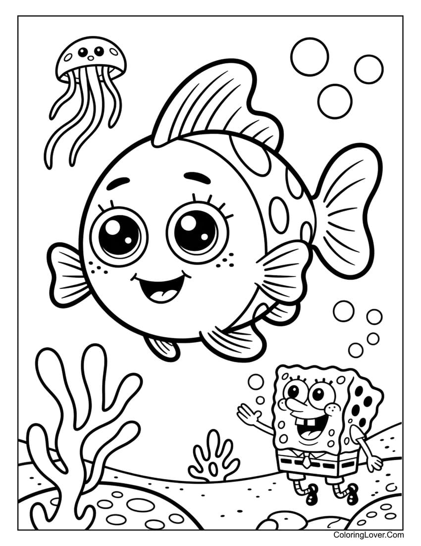 SpongeBob and cute fish swimming with jellyfish coloring page