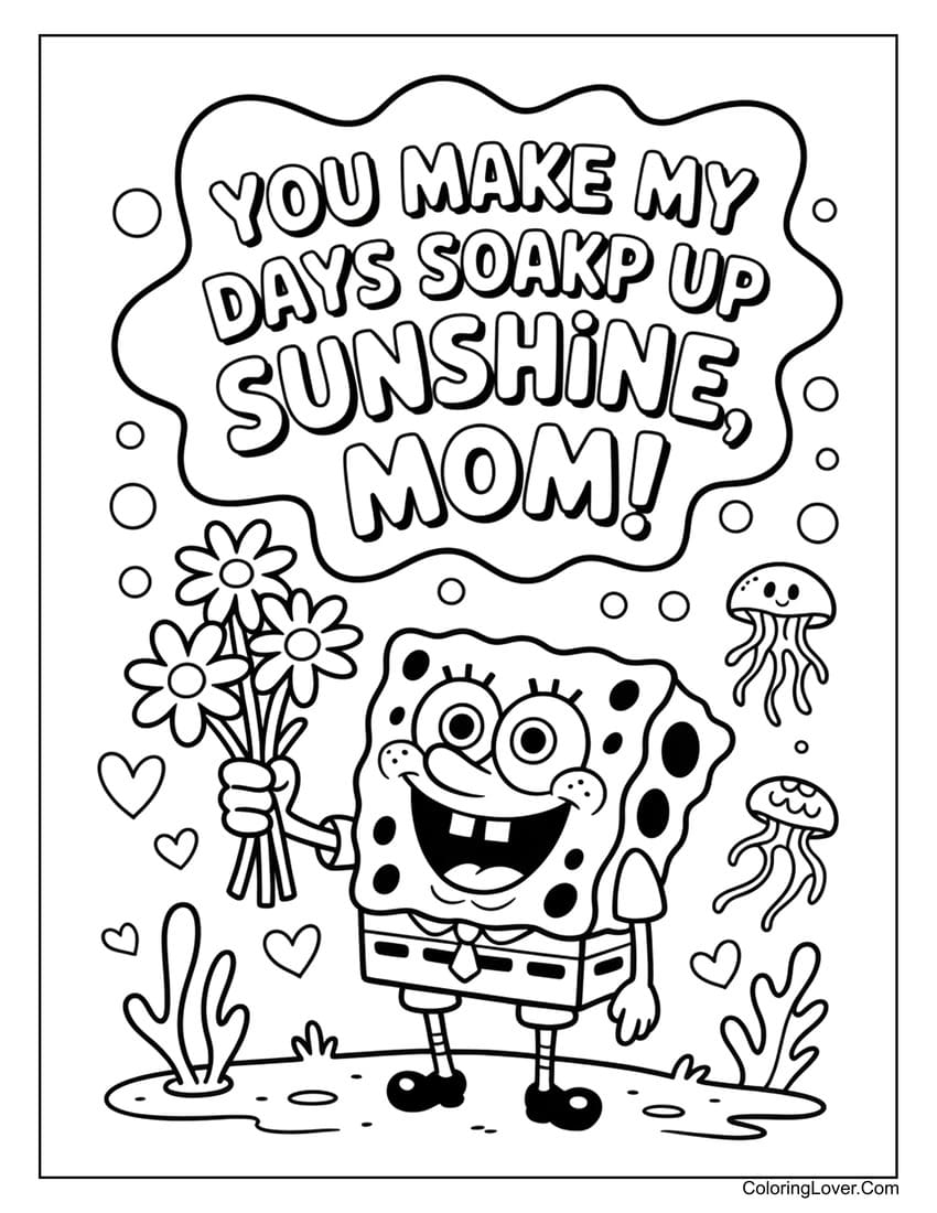 SpongeBob holding flowers underwater for Mother’s Day coloring page