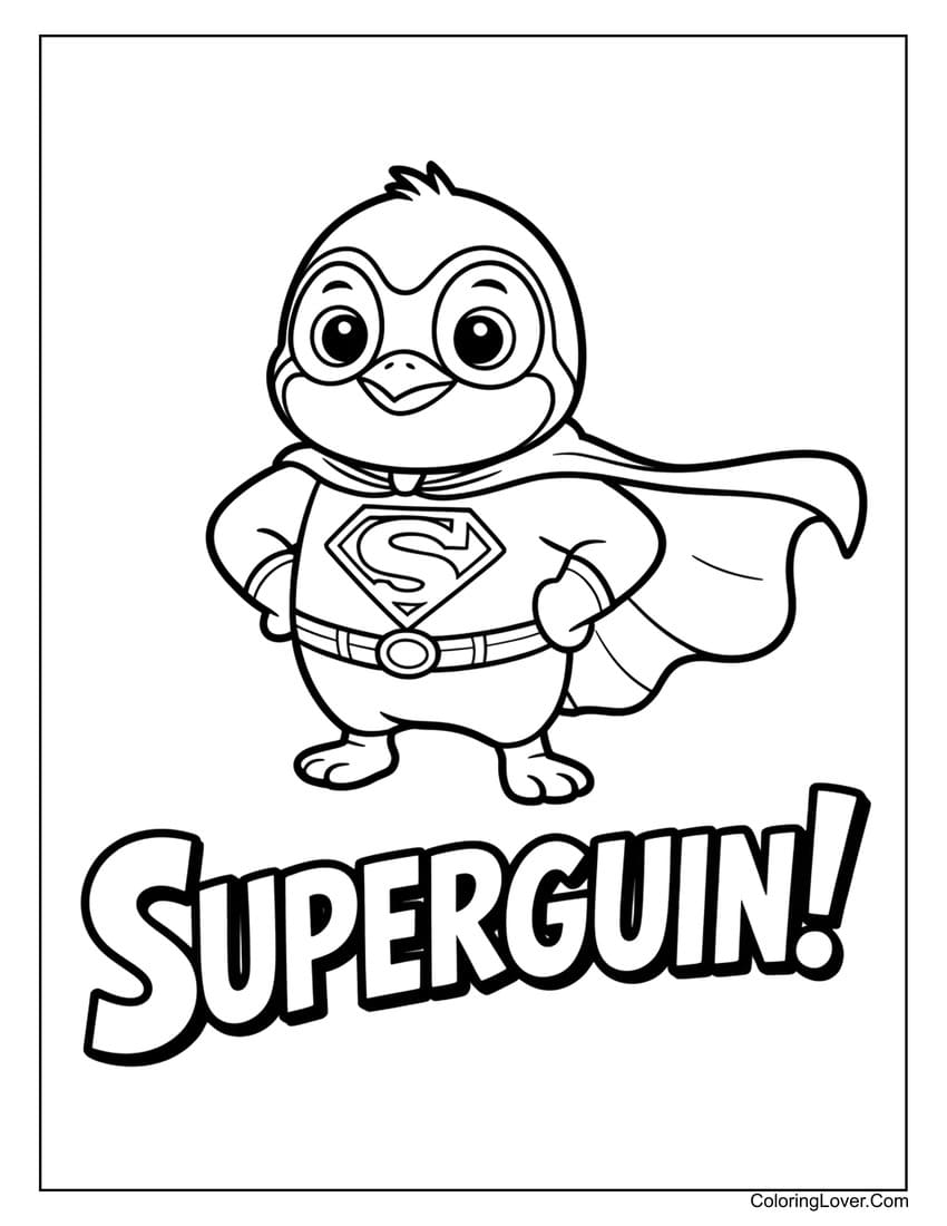 Superhero penguin with “SUPERGUIN!” coloring page