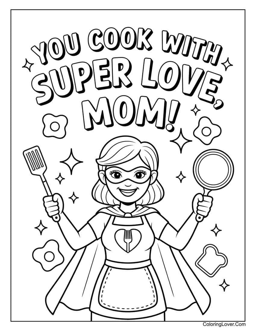 Supermom cooking with love coloring page