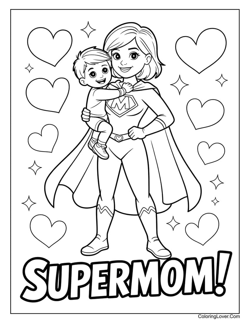 Supermom holding child with love coloring page
