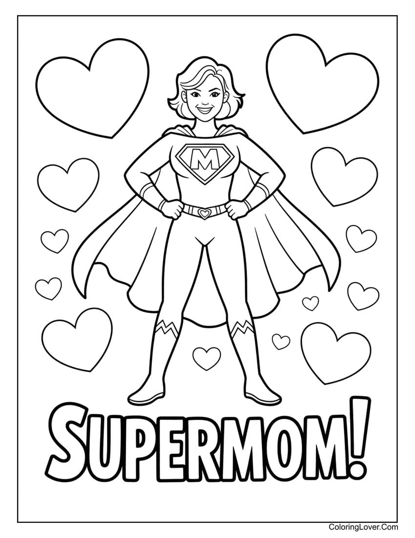 Supermom standing proudly with hearts coloring page