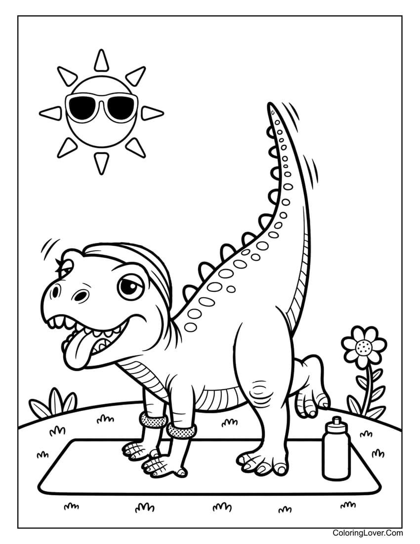 T-Rex dinosaur doing exercise under sunny sky coloring page