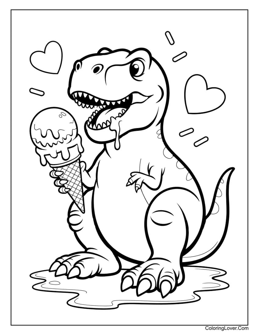 T-Rex happily holding ice cream with hearts coloring page