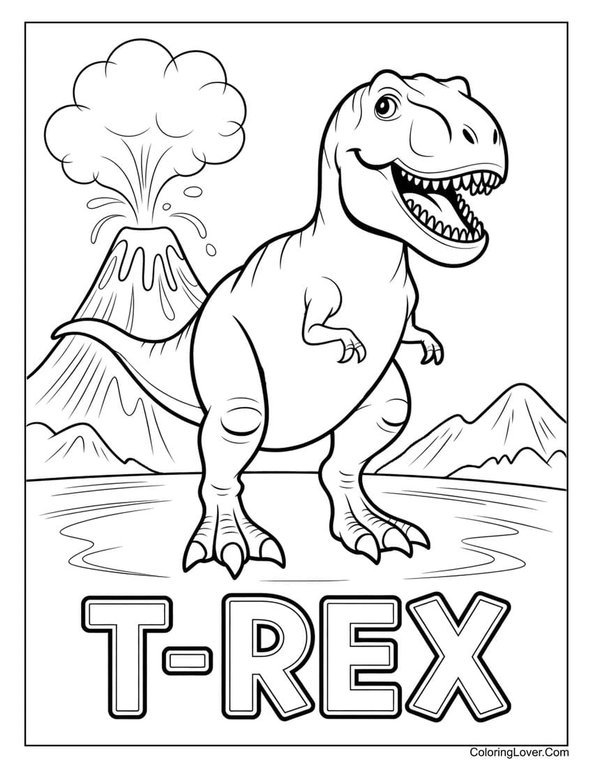 T-Rex standing proud with volcano erupting behind coloring page