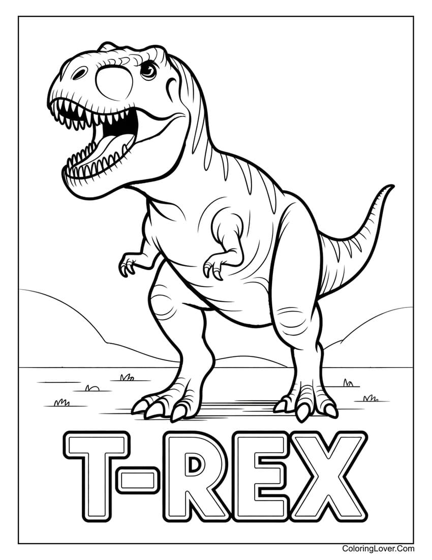 T-Rex standing strong on open grassy plain coloring page