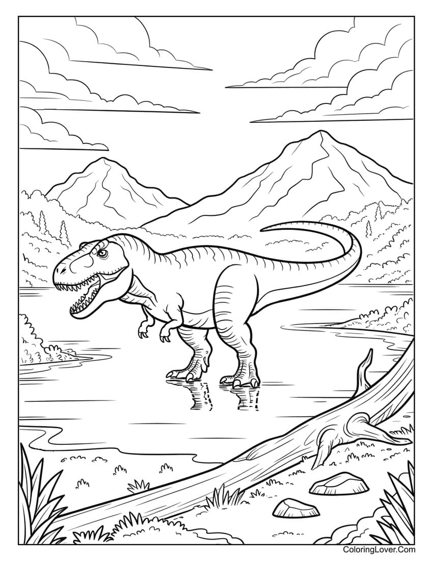 T-Rex walking along prehistoric river in mountains coloring page
