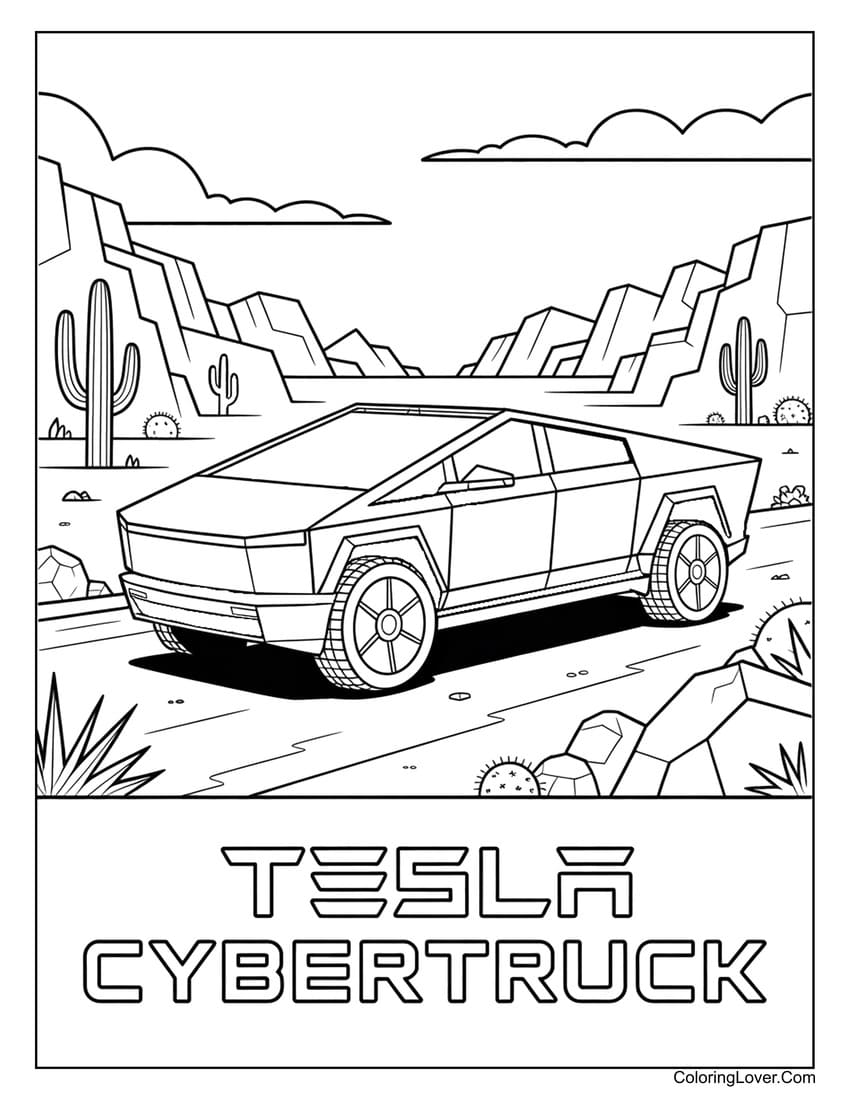 Tesla Cybertruck off-roading in desert canyon coloring page