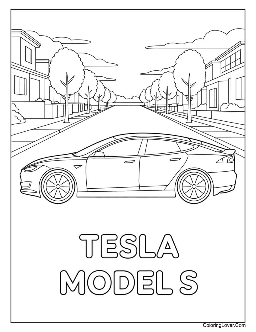 Tesla Model S driving through suburban street coloring page