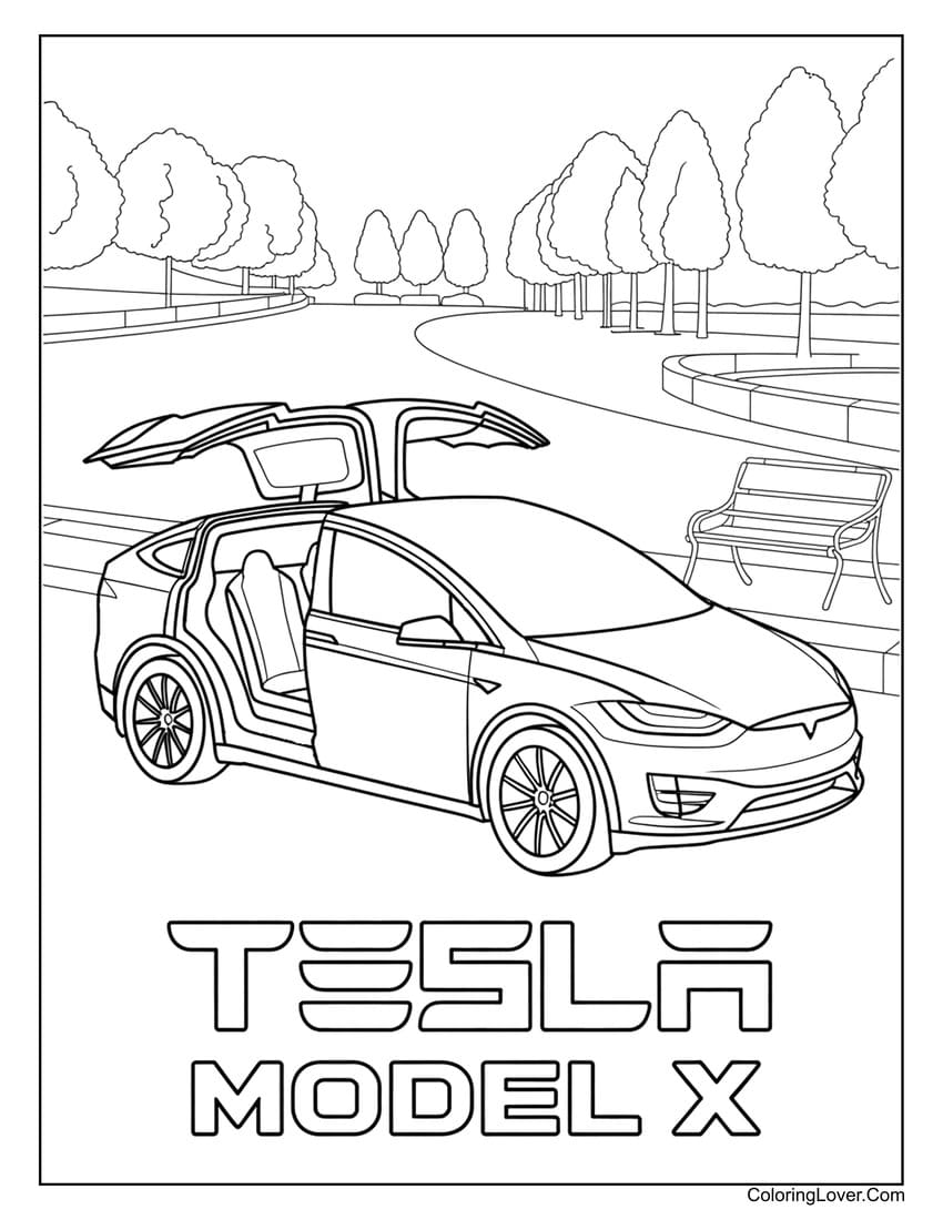 Tesla Model X with falcon doors open in park scene coloring page