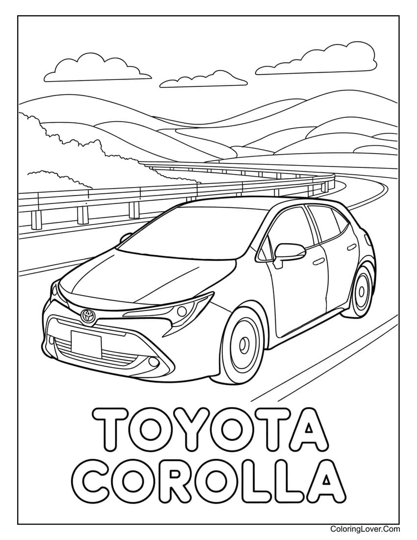 Toyota Corolla driving on winding hill road coloring page