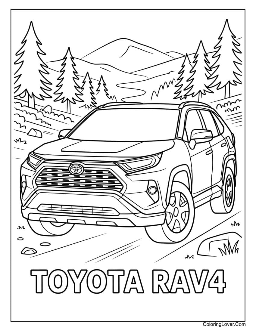 Toyota RAV4 exploring forest mountain trail coloring page
