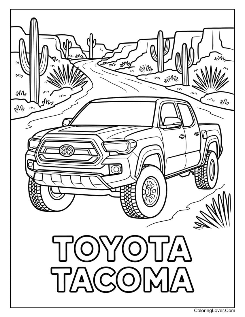 Toyota Tacoma off-roading in desert canyon coloring page