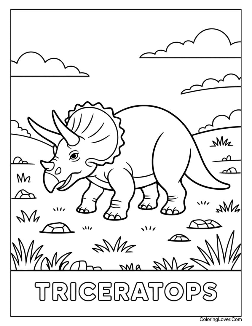 Triceratops grazing in grassy field with clouds coloring page