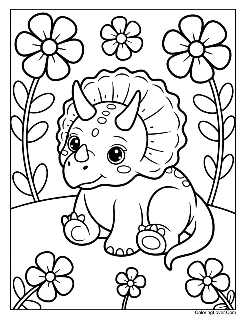 Triceratops in flower garden easy coloring page