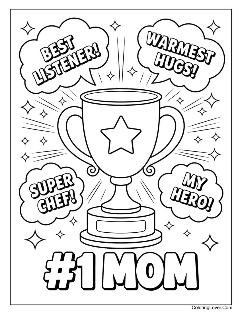 Trophy with praise messages for Mother’s Day coloring page