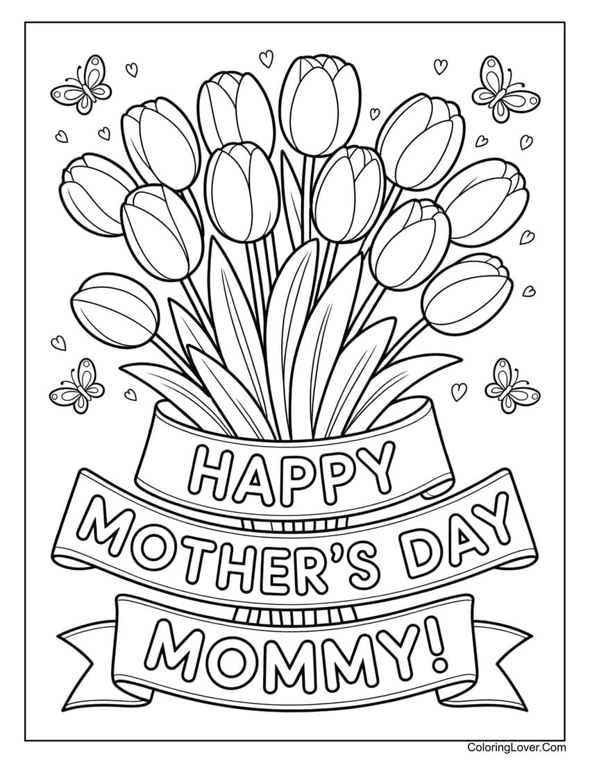 Tulip bouquet with ribbon banner Mother’s Day coloring page