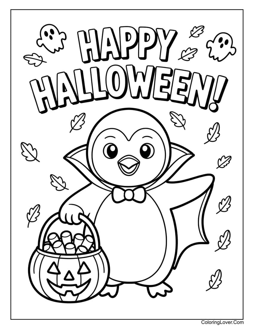 Vampire penguin trick-or-treating “Happy Halloween!” coloring page