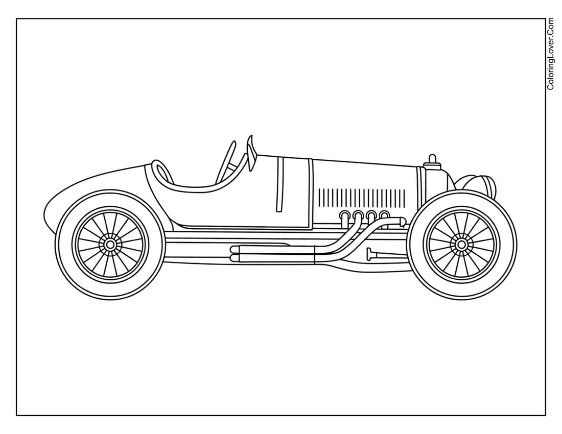 Vintage model car with open cockpit and exhaust pipes coloring page