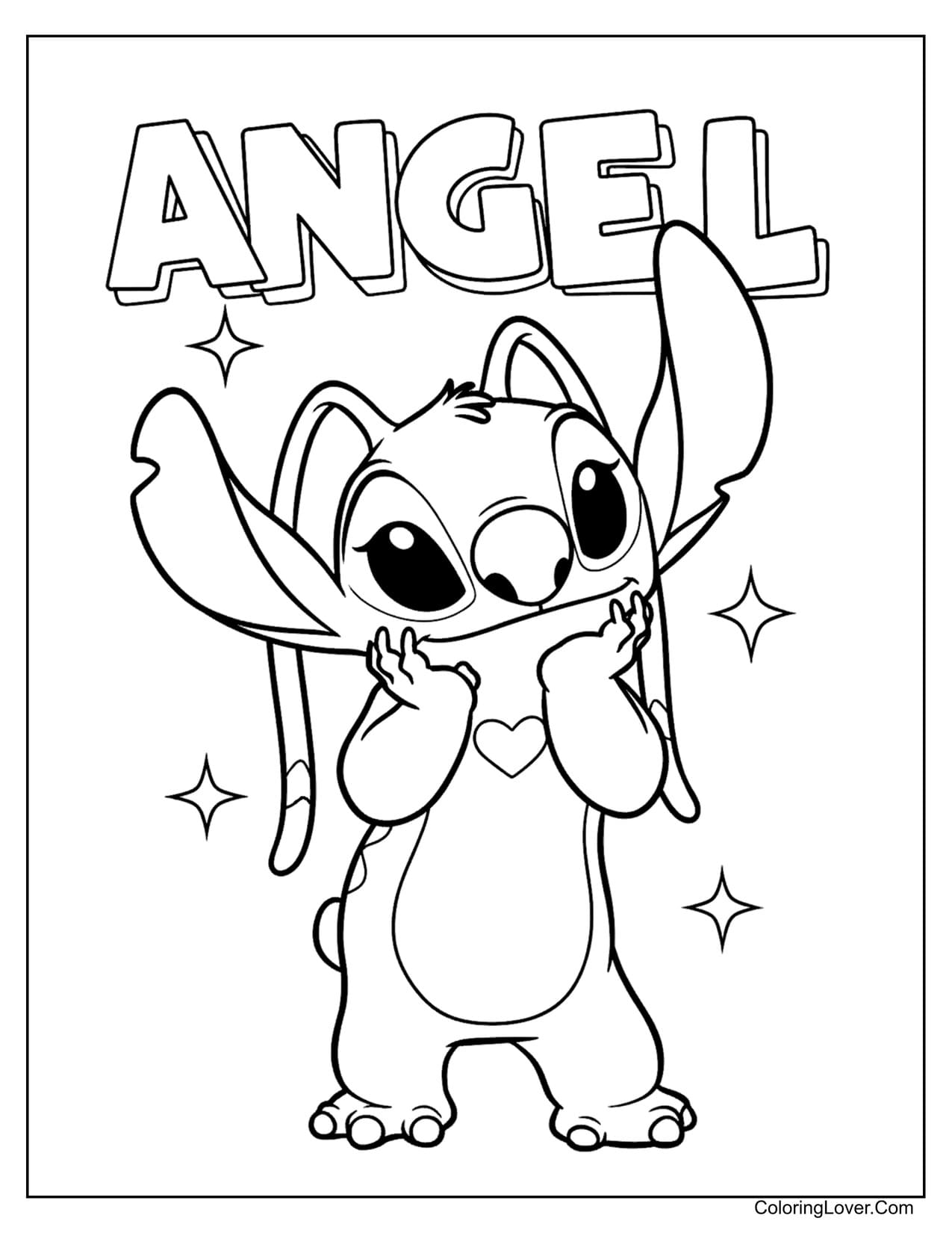 Angel standing under "ANGEL" letters coloring page