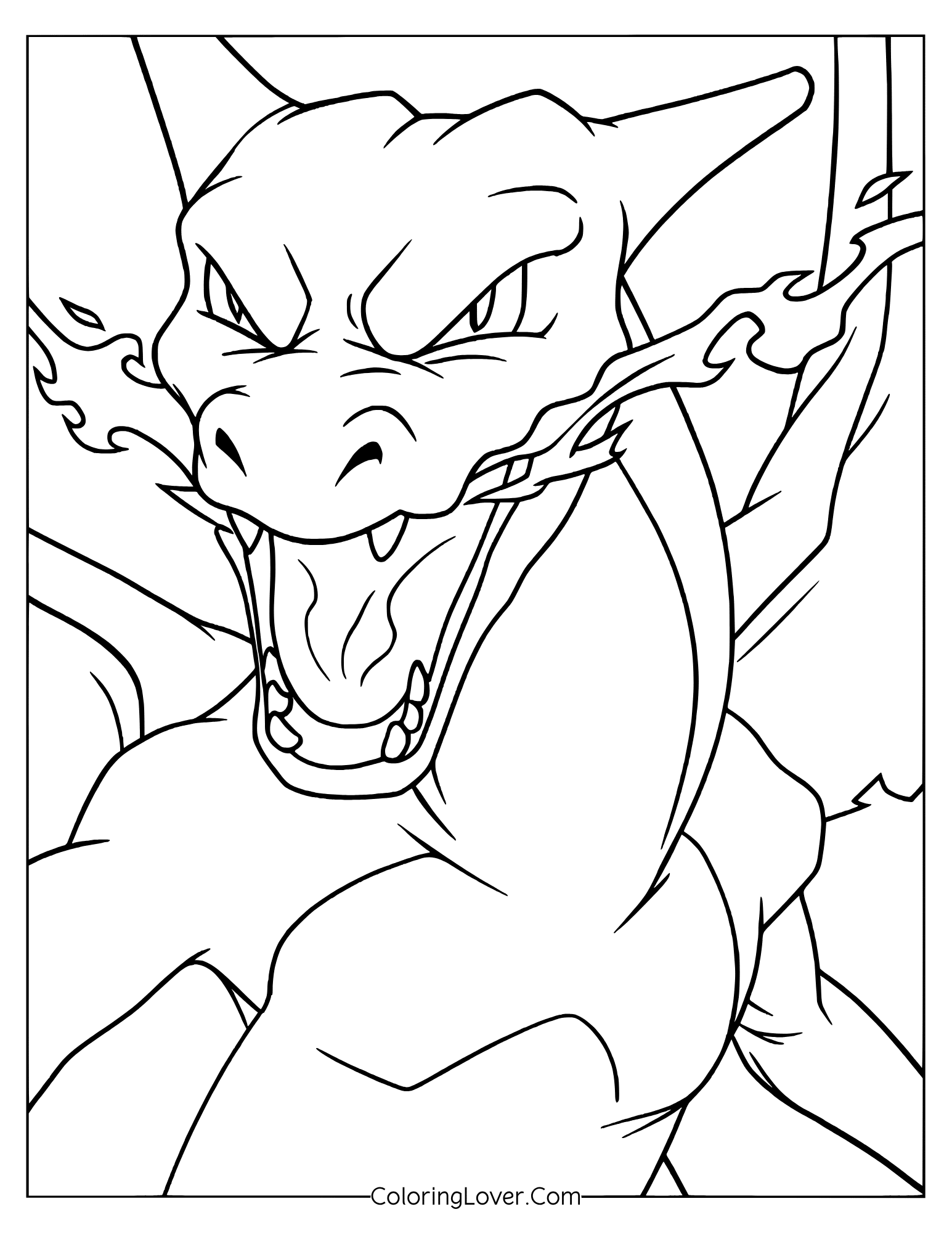 Angry Charizard close-up with intense expression coloring page