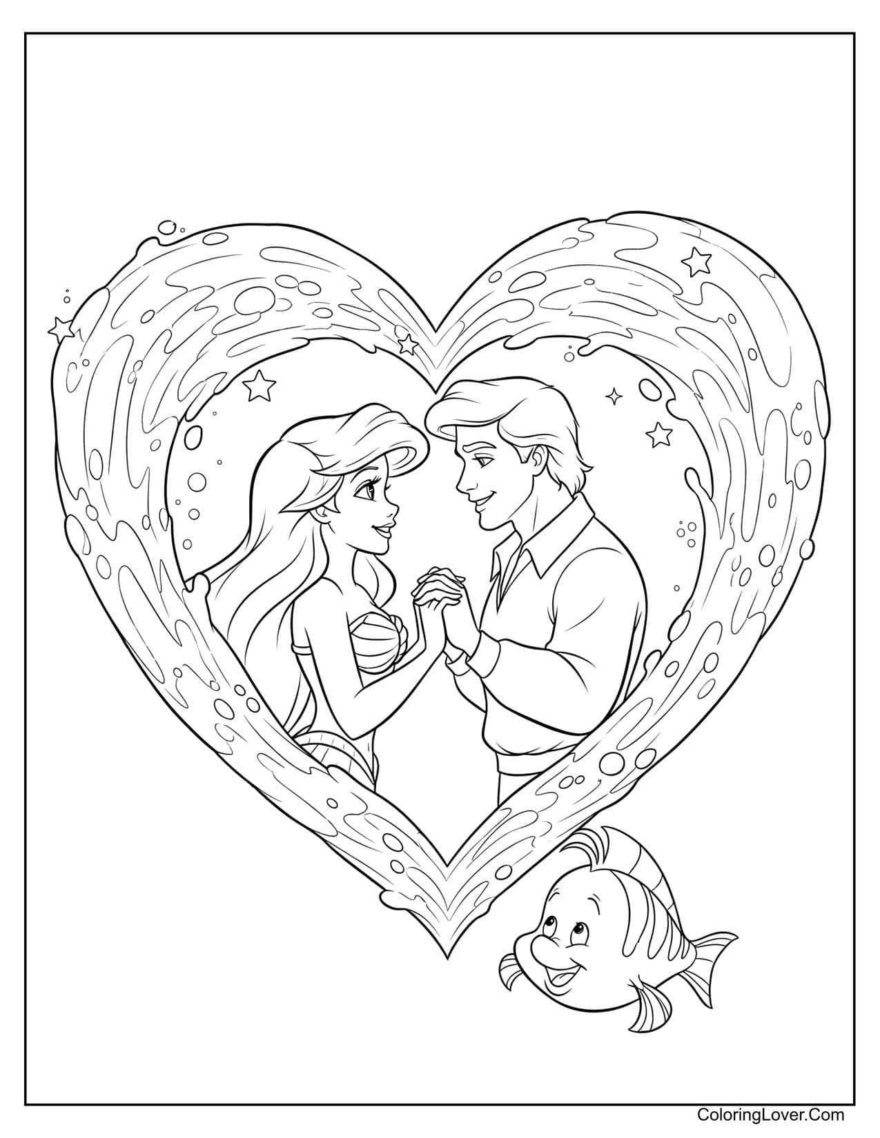 Ariel and Eric within heart-shaped wave frame coloring page
