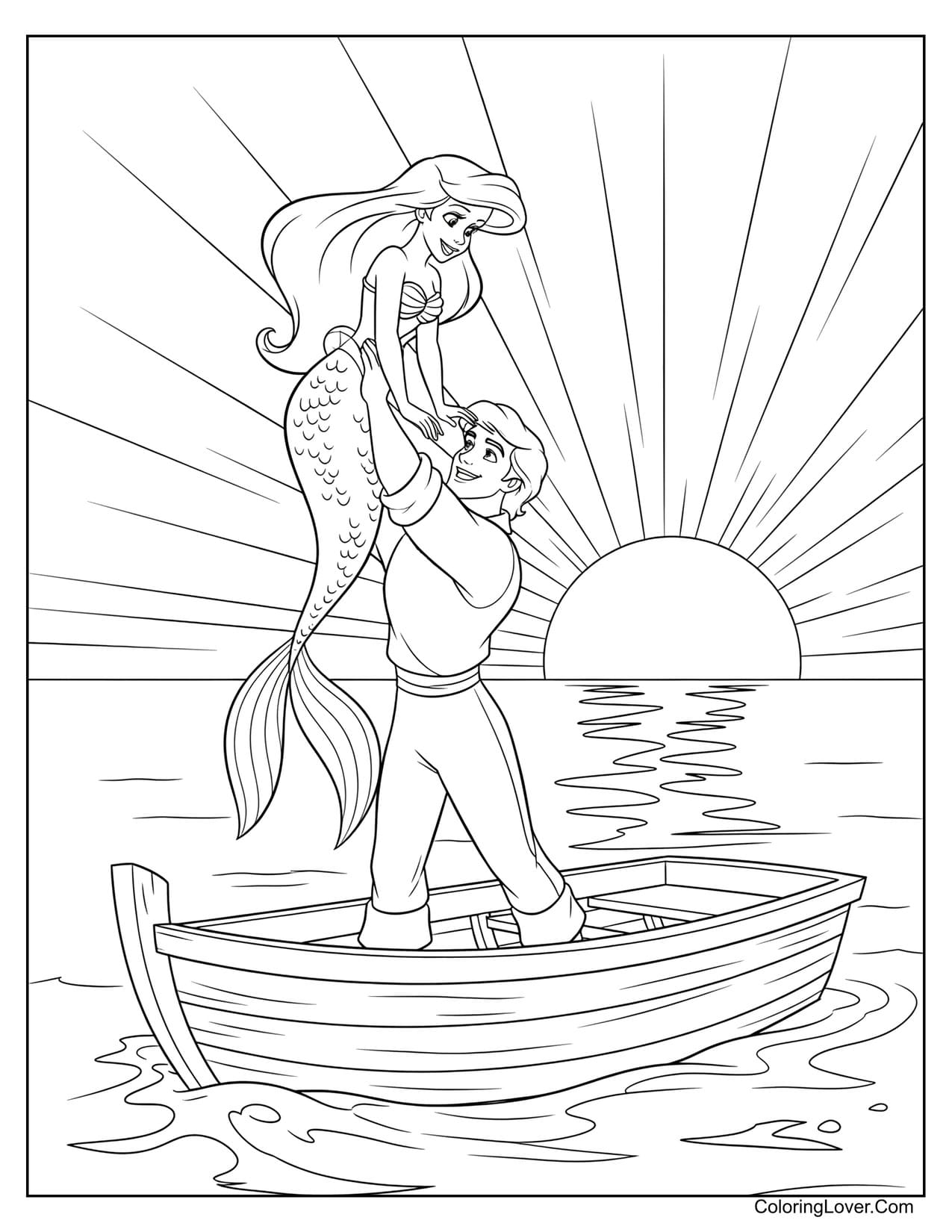 Ariel and Prince Eric embracing in boat at sunset coloring page