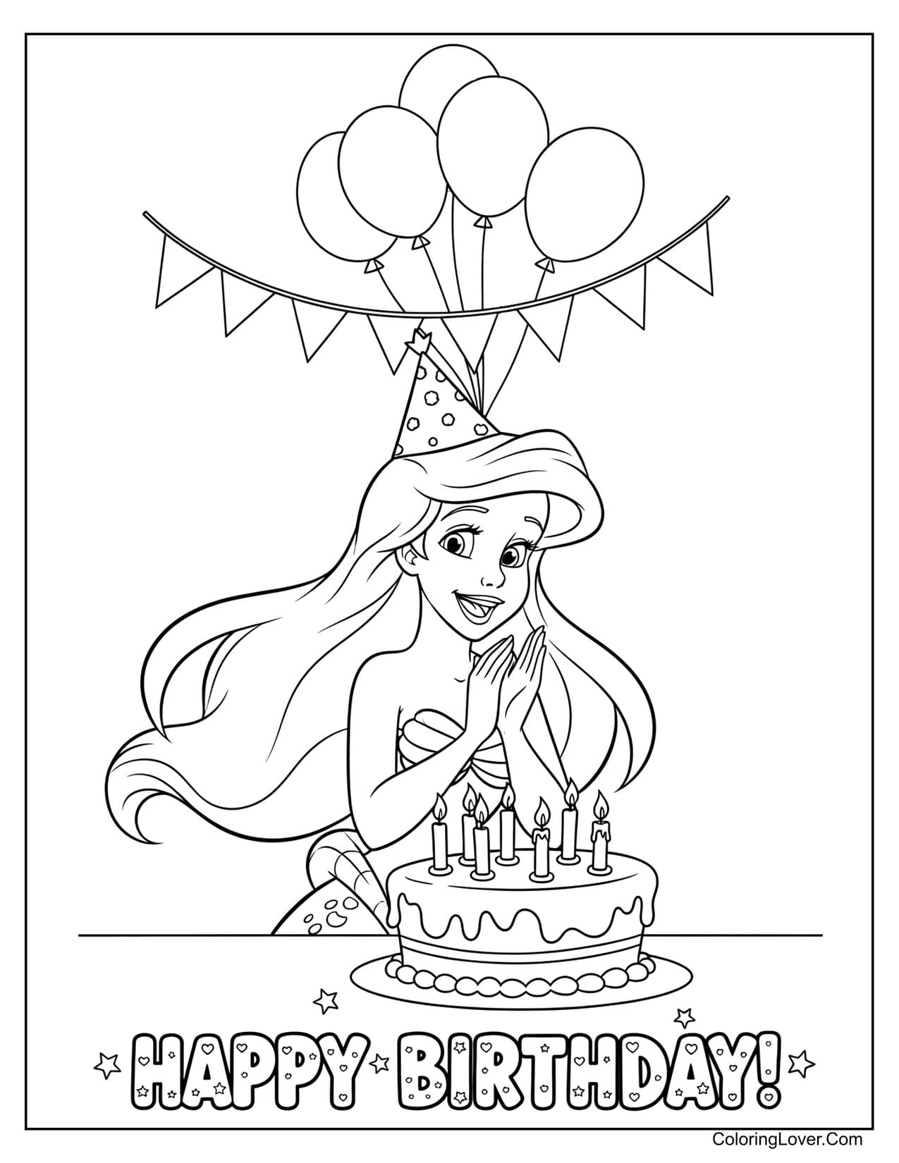 Ariel blowing candles on birthday cake coloring page