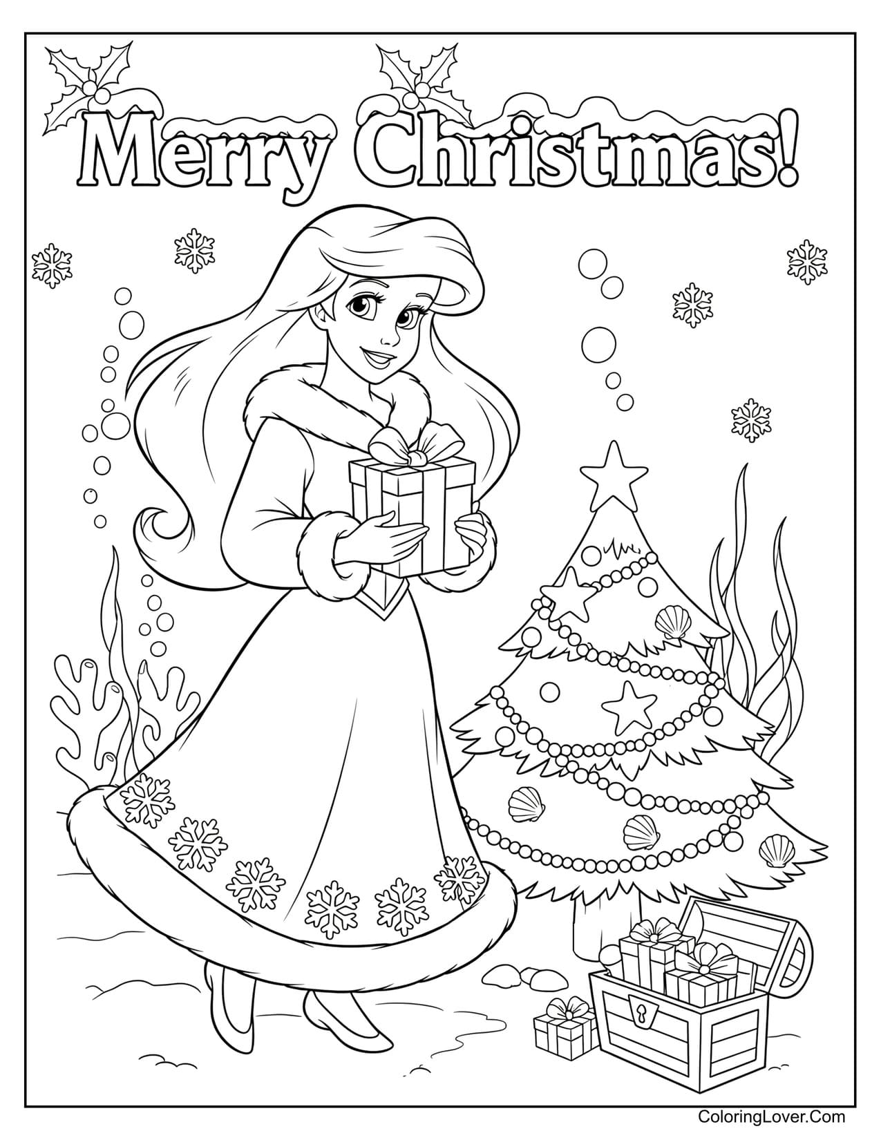 Ariel carrying presents near Christmas tree coloring page