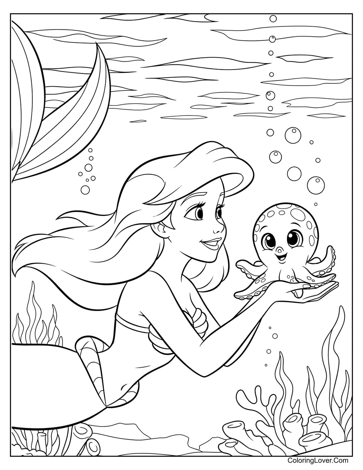 Ariel holding a baby octopus with coral around coloring page