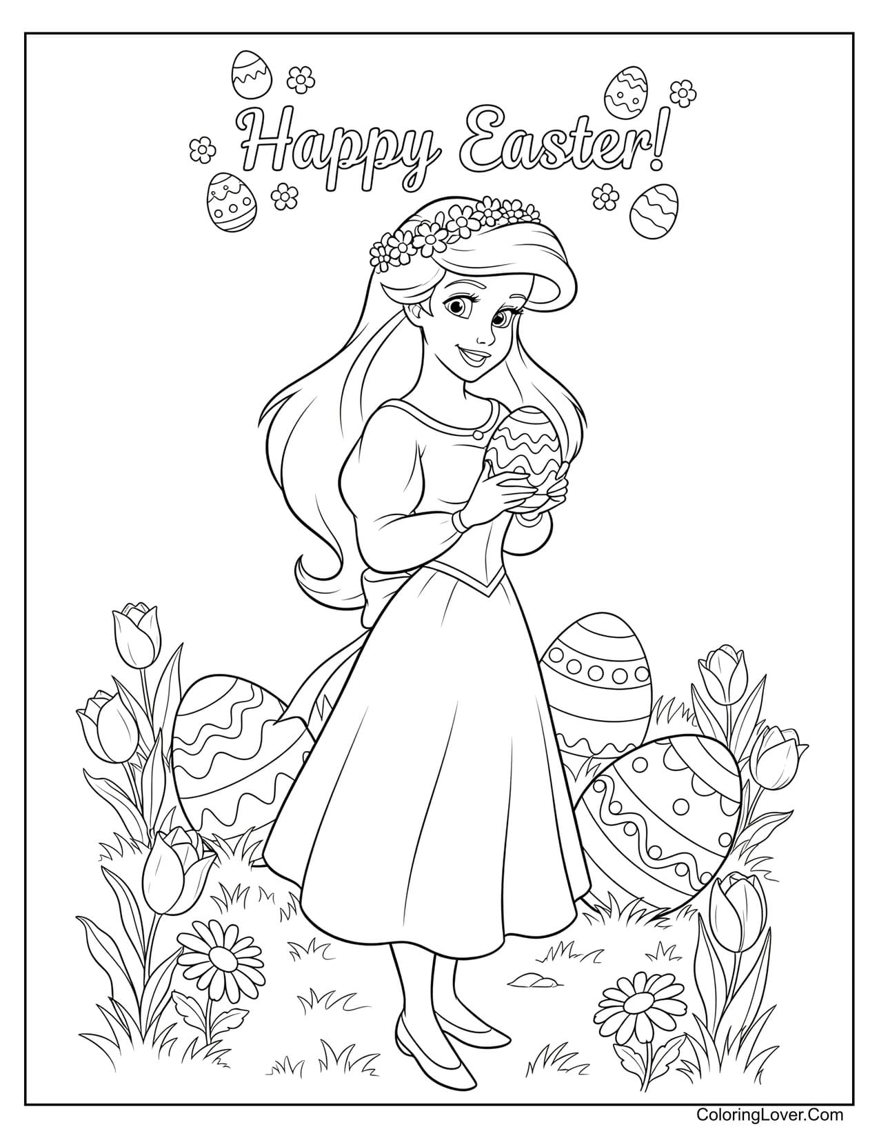 Ariel holding Easter egg in spring garden coloring page
