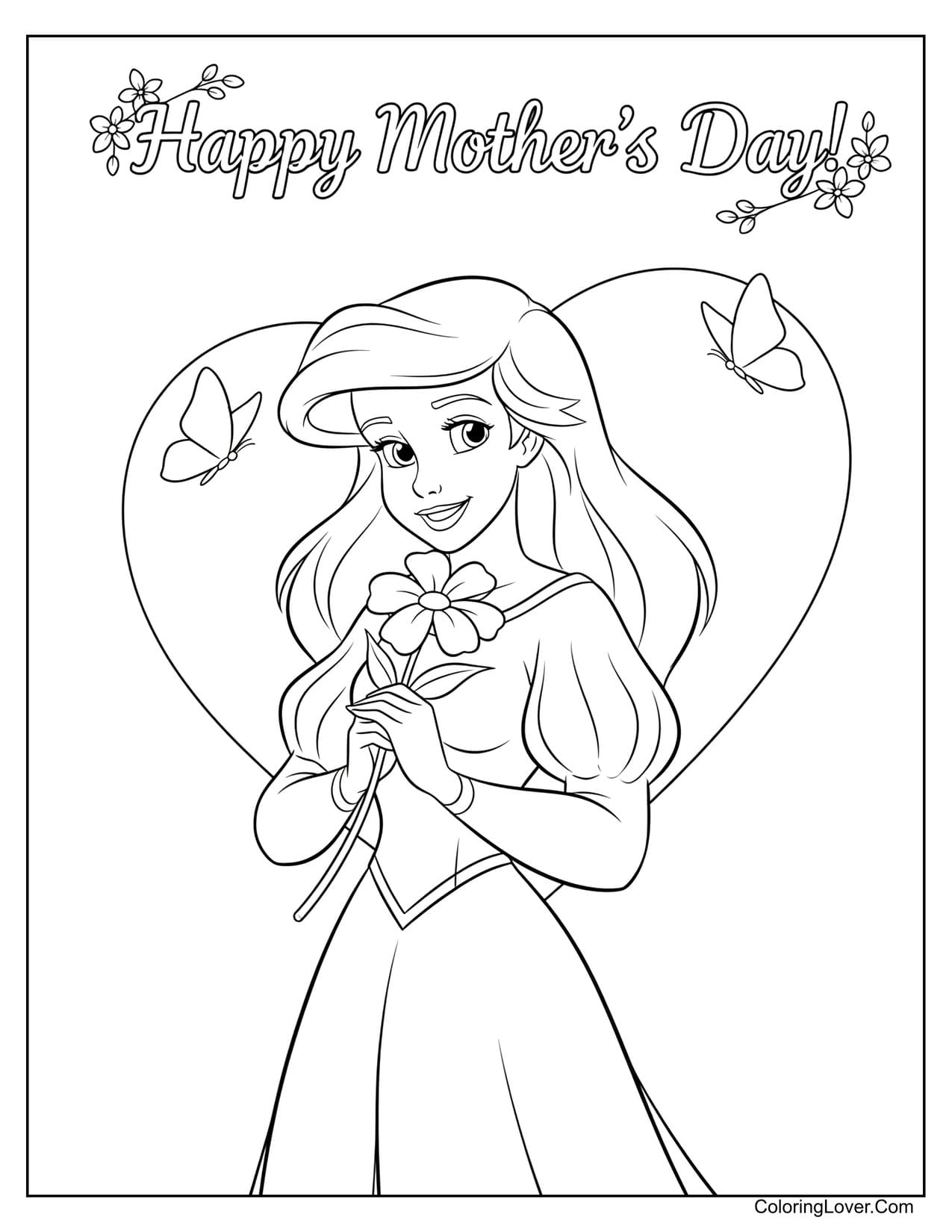 Ariel holding flower for Mother’s Day with heart background coloring page