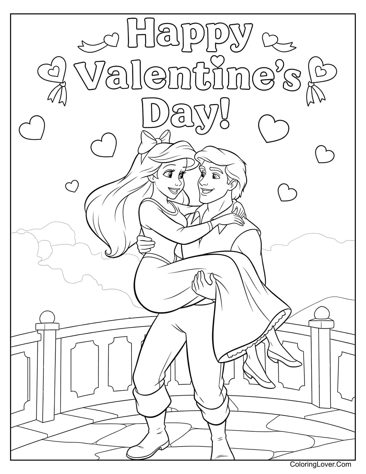 Ariel hugging Prince Eric on Valentine's Day coloring page
