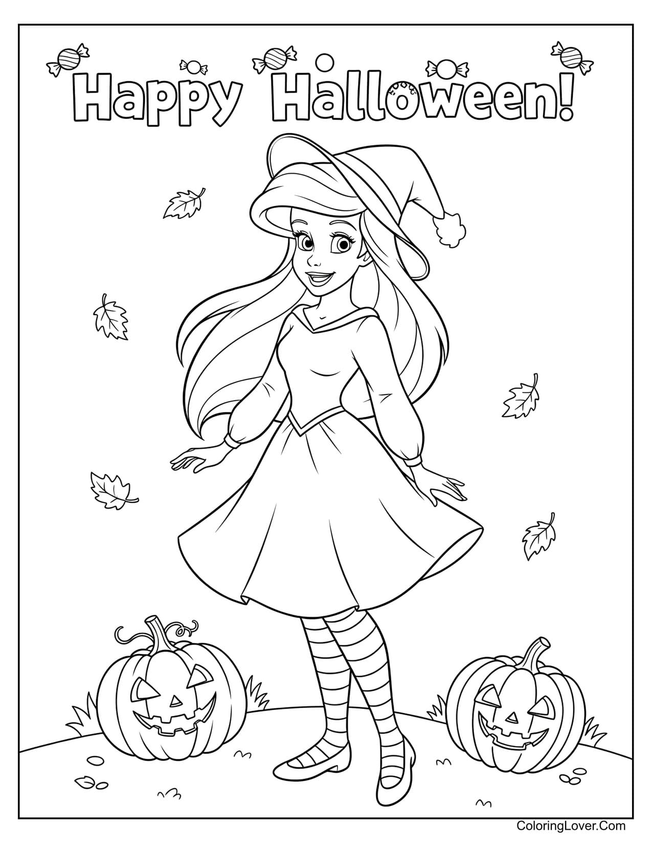 Ariel in witch costume with pumpkins Halloween coloring page