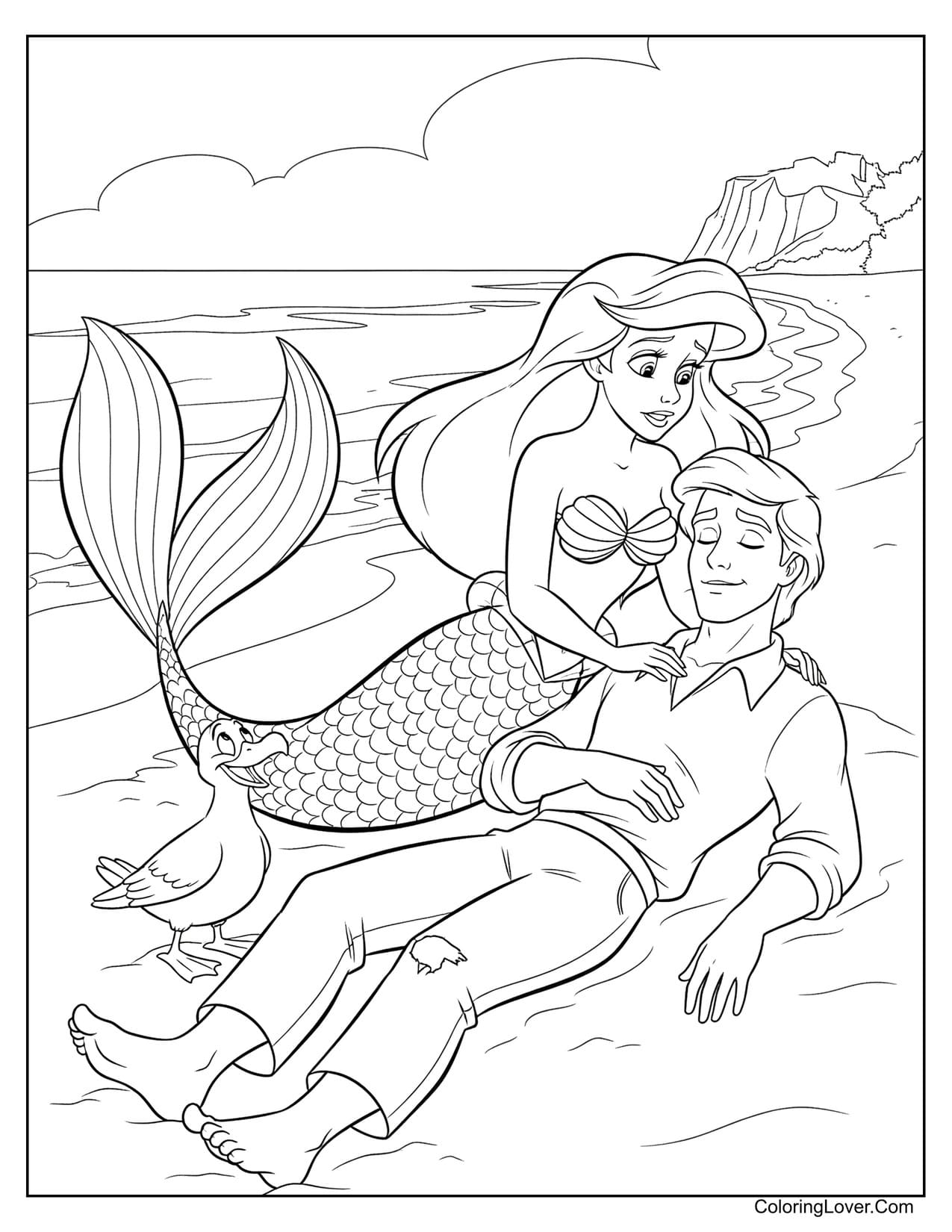 Ariel rescuing Prince Eric from drowning as Scuttle watches coloring page