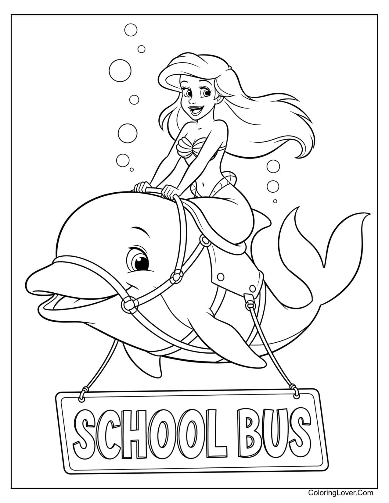 Ariel riding a dolphin school bus underwater coloring page