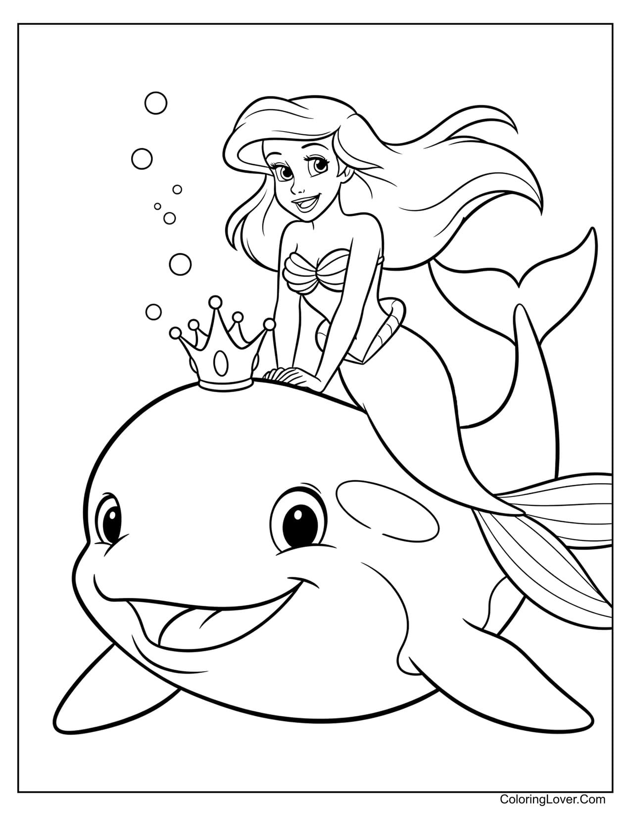 Ariel riding a dolphin wearing crown coloring page